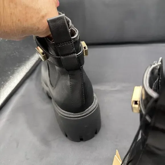 Madden NYC Women's Black Rhinestone Chain Zip Lug Sole Chelsie Ankle Boots Sz 9 - Picture 8 of 13